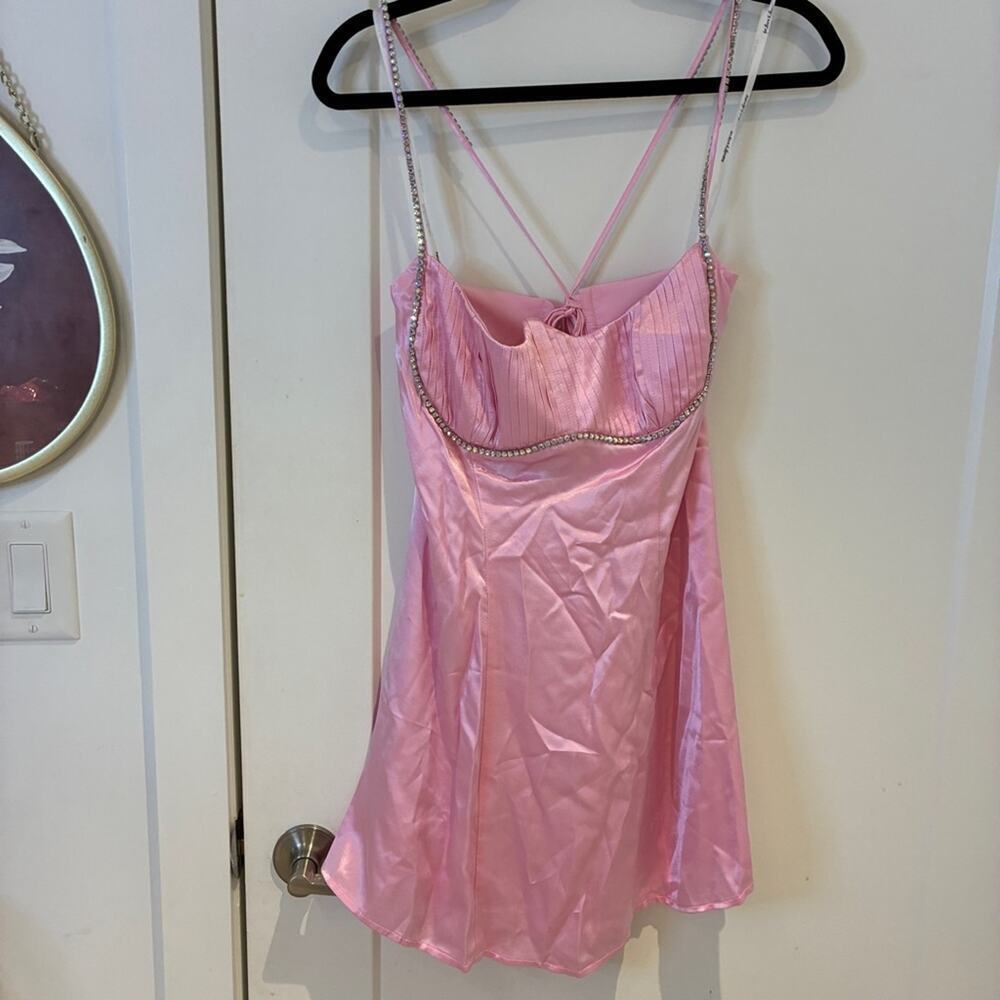 NWT For Love & Lemons Pink Satin Rhinestone Trim Elora Mini Dress Lg MSRP $239 - Picture 3 of 12